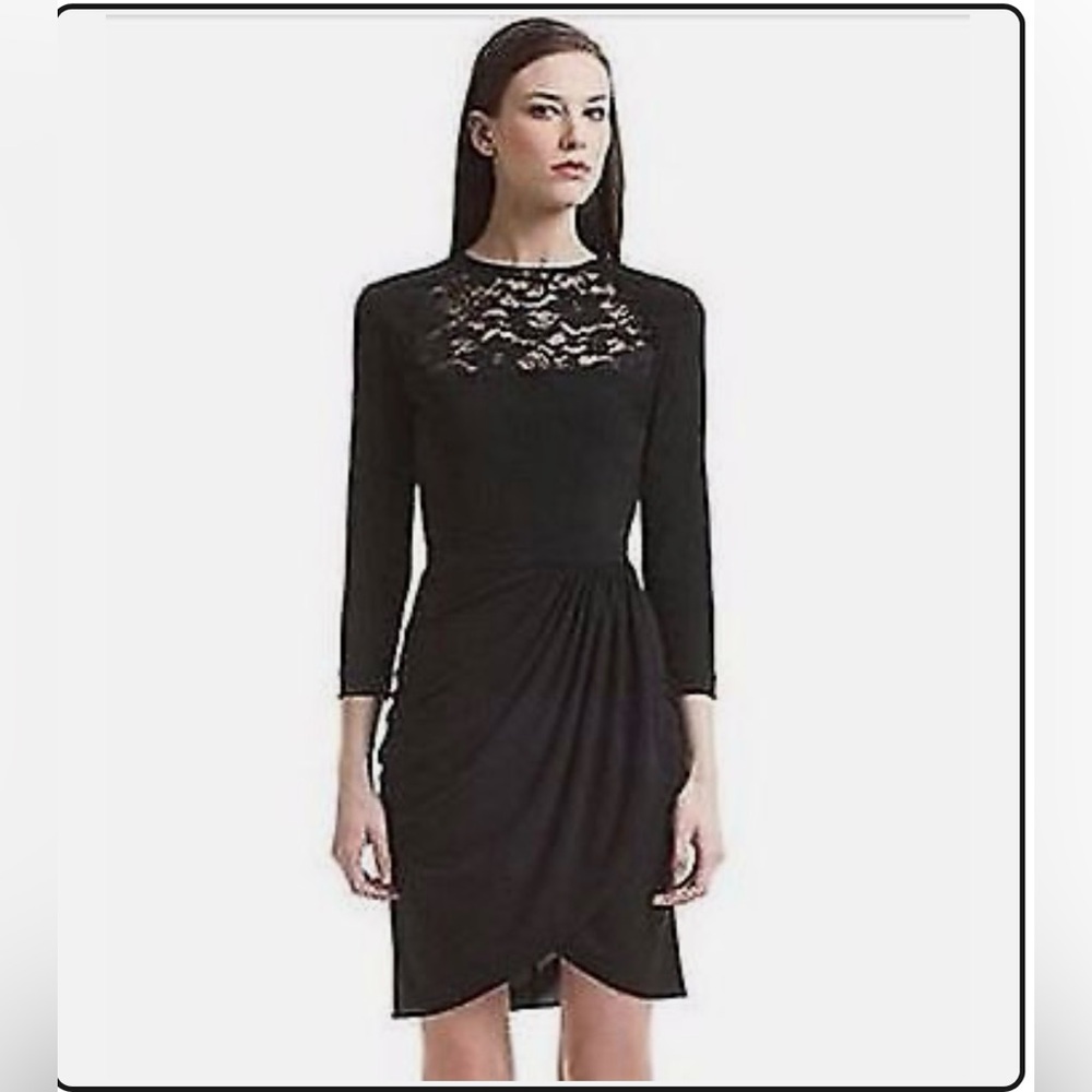 Belle Badgley Mischka Dress  Black Lace Draped Long Sleeve Dress, SZ 2